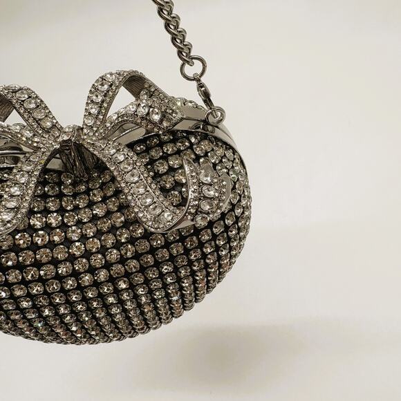 Self Portrait Silver Crystal Bow Heart Evening Bag & Chain Strap - Picture 6 of 12